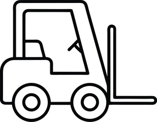 Simple black and white line art icon of a forklift truck, a piece of industrial machinery used for lifting and moving materials, isolated on a transparent background