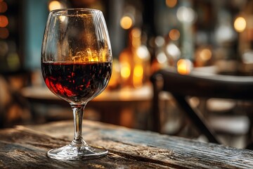 Red wine in a crystal glass on a rustic table. The background wine cellar is softly blurred, bathed in warm, sophisticated light.