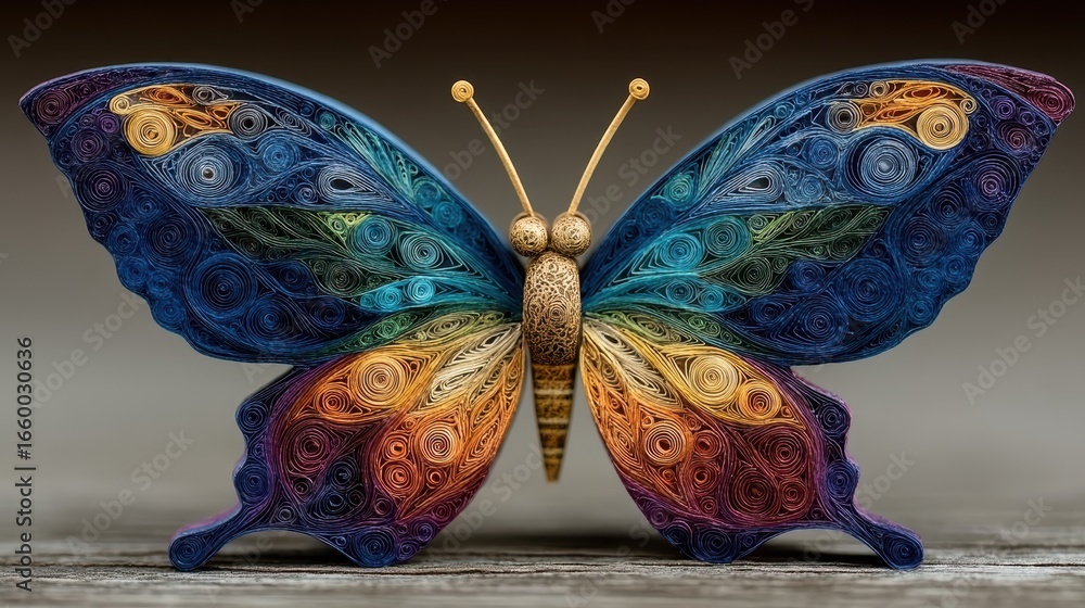 Poster quilling butterfly concept. intricate butterfly design with colorful patterns and textures.