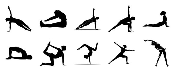 Yoga poses silhouettes fitness exercise