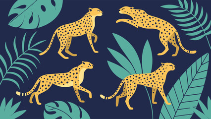 Four Cheetahs in Various Poses Tropical Leaf Background.