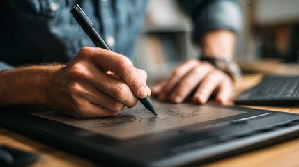 Young designer drawing sketches on graphic tablet, closeup.