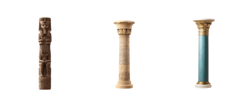 Ancient egyptian sculpture and architecture with pillars and pyramid