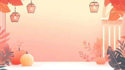 Fototapeta premium Pixel Art of Autumn Scene with Pumpkins Lanterns and Foliage with an 8 Bit Aesthetic in Orange and Beige Palettes