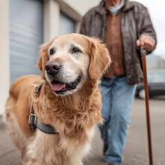 Golden retriever walking slowly with elderly man using cane, supportive service dog in daily life