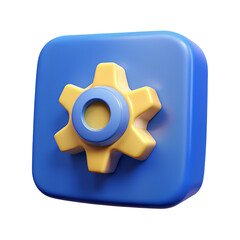 Settings Icon with Gear on Blue Square, 3D Render for Apps and User Interfaces