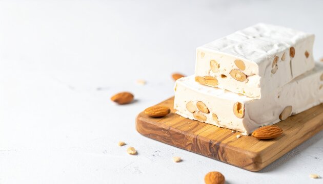 Creamy White Torrone with Almonds on Wooden Board