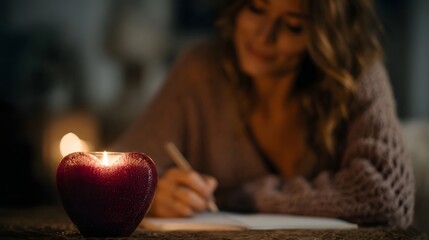 Woman writing a love note by candlelight in a cozy romantic setting