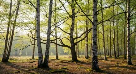 Obraz premium Sunlit birch forest with early spring foliage creating a serene and tranquil scene