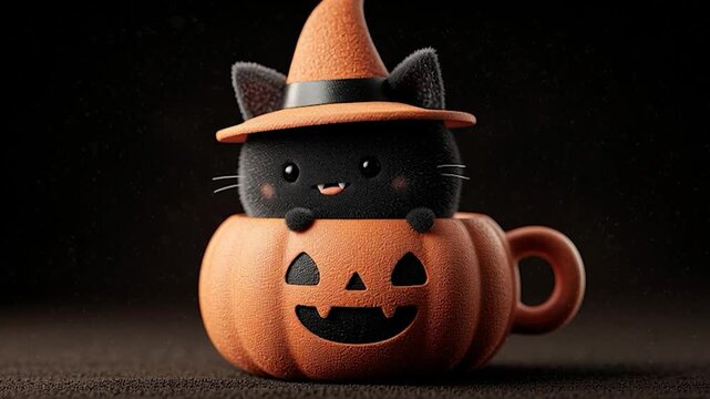 Cute Halloween Black Cat in Pumpkin Mug. Ideal for Halloween-themed designs, greeting cards, children's illustrations, and festive decorations.