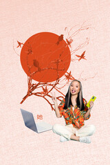 Vertical poster image collage of happy korean girl sit pagoda japan park sakura tree bloom flower...