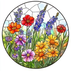 Vibrant Wildflower Garden in Stained Glass Style