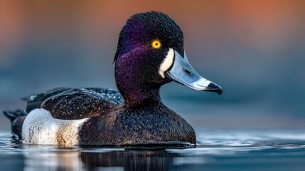 Fototapeta premium Stunning, head-on wildlife photograph of a Ring-necked Duck on calm water, capturing its intense yellow eyes and iridescent head feathers.