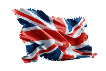 Torn & waving national flag, Union Jack, isolated, vivid colors on black