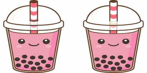 Two cute cartoon bubble tea drinks with smiling faces and pink liquid