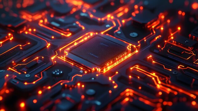 Intricate close up of a central processing unit with illuminated circuitry and glowing red light creating an abstract design representing technology and innovation.