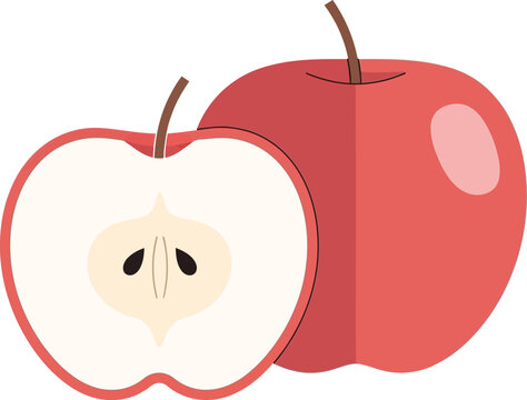 A vector illustration of a whole red apple and a sliced half showing the core and seeds.