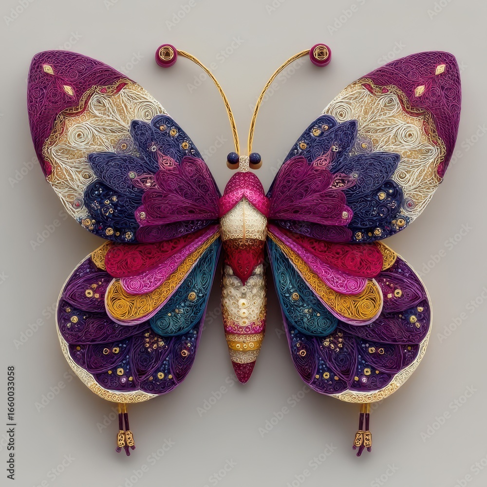 Poster quilling butterfly concept. intricate butterfly design with colorful patterns and textures.