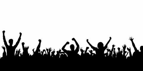 Silhouette of a Crowd Cheering with Raised Hands on White Background