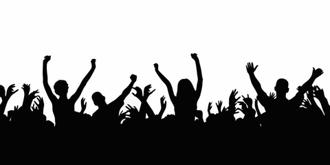 Silhouette of a crowd of people cheering with their hands raised up