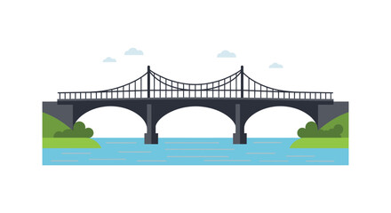 A bridge Illustration with cables and arches over a river with greenery