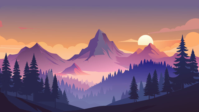 Vector art of a captivating mountain landscape at sunset, showcasing the beauty of nature with its towering peaks, dense forest, and vibrant colors