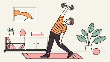 Man Doing Side Bend Exercise with Dumbbell at Home.