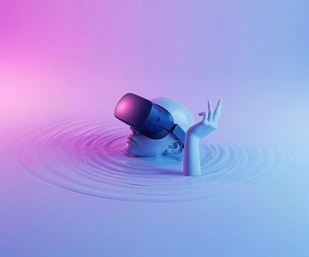Virtual reality headset on a mannequin head with water ripples around it