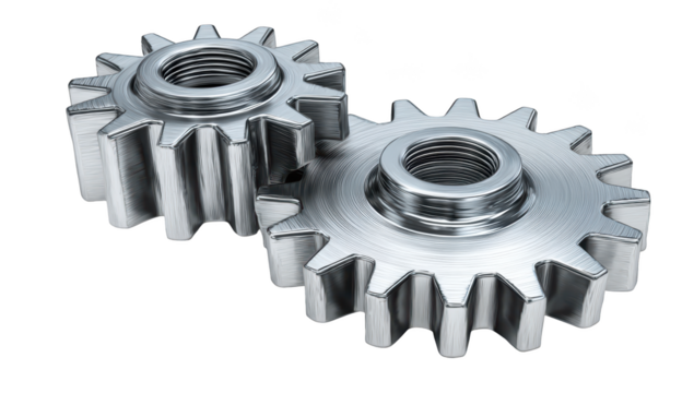 Two silver gears meshing together, mechanical engineering concept - Powered by Adobe