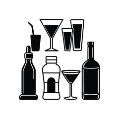 Silhouettes of various glasses isolated on white background. Vector illustration
