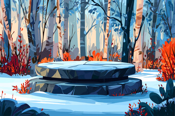 Mysterious Stone Platform in a Serene Winter Forest Setting