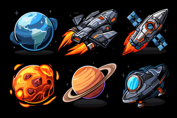 Colorful Cartoon Space Elements Featuring Planets and Rockets