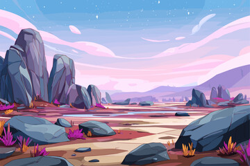 Stunning Vector Landscape with Rocks and Distant Mountains at Sunset