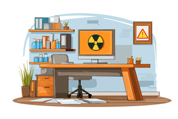 Modern Office Workspace with Warning Sign and Shelves