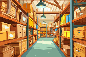 Bright and Organized Storage Room with Shelves Full of Colorful Boxes and Bins