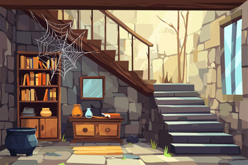 Cozy and Abandoned Interior of a Hidden Basement with Stone Walls