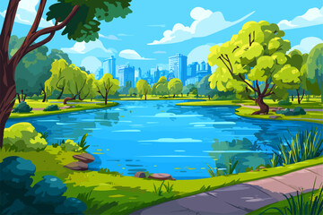 Serene Urban Park Landscape with Lake and City Skyline