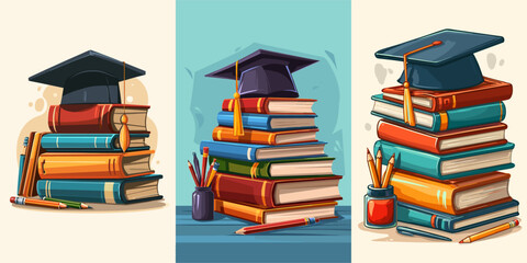 Education and Learning: Stack of Books with Graduation Cap and Supplies
