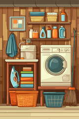 Cozy Laundry Room Interior with Shelves and Storage Solutions