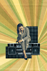 Art image vertical pop photo collage of happy girl guy listen boombox music celebration event hit...