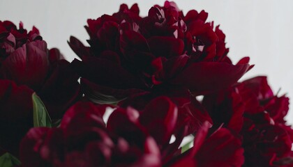 Close-up view of deep burgundy peonies, showcasing intricate details and rich color.