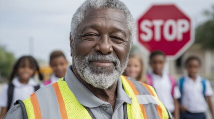 Senior crossing guard smiles while ensuring children's safety at a school intersection during a sunny day