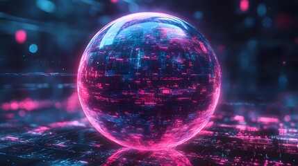 A luminous sphere with intricate circuitry reflects the digital landscape, hinting at advanced technology and futuristic network connectivity, a captivating artwork.