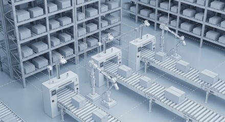 Obraz premium Automated Warehouse with Robotic Arms and Storage Shelves in Modern Logistics Facility