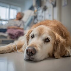 Golden retriever lying on hospital floor beside chemotherapy patient, loyal emotional support dog