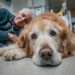 Golden retriever lying on hospital floor beside chemotherapy patient, loyal emotional support dog