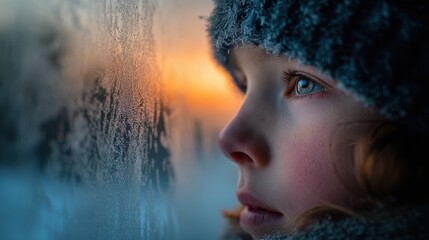 A child watches the wintry sunset through a frosted window, captivated by the beautiful colors