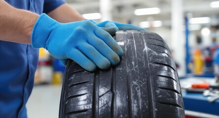 Mechanic gloved hands inspecting a worn car tire in a bright auto service center