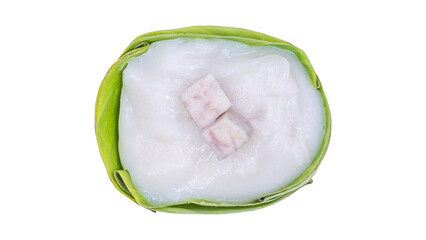 Top view Traditional Thai Dessert with Taro and Coconut Cream in Banana Leaf Cup