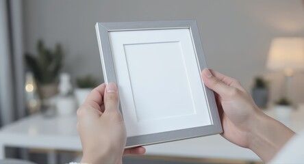 Close up of hands holding a blank light gray metallic picture frame with copy space